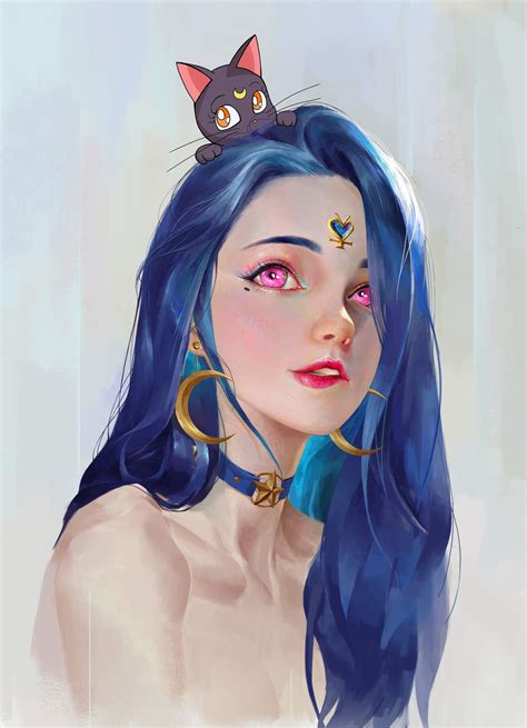 Fantasy Girl Blue Hair Illustration Cat Girl Digital Art 2k