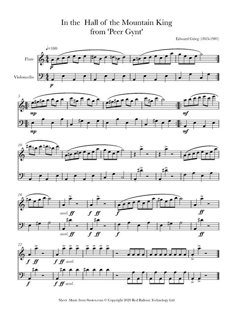 Grieg In The Hall Of The Mountain King Sheet Music For Flute Cello