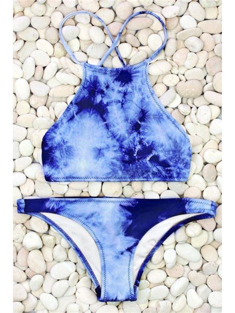 [19 off] 2021 tie dye high neck bikini set in blue zaful