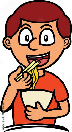 Boy Eating Noodles Cartoon Illustration Buy This Stock Vector And