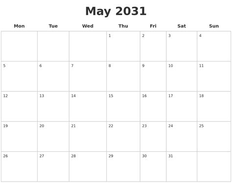 May 2031 Blank Calendar Pages