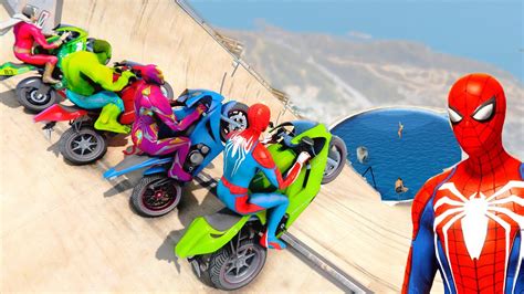 Superheroes Race Motorcycles With Spiderman Gta V City Mega Ramp