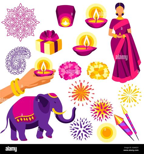 Happy Diwali Traditional Symbols Collection Deepavali Or Dipavali