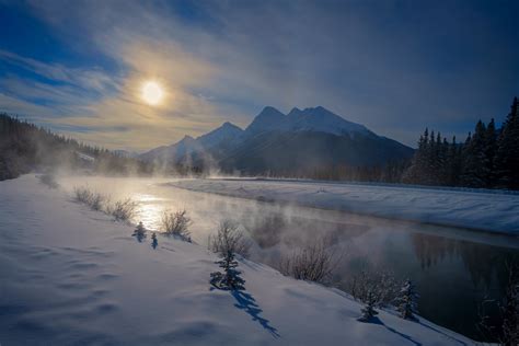 Heavy Fog Over River With Setting Sun Alberta Canada Print Photos By