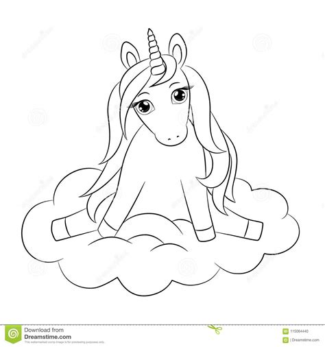 Cute Unicorn Baby Sitting On Cloud Outline Drawing Stock