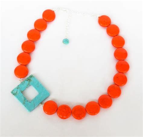 Boho Turquoise And Orange Necklace Asymmetrical Turquoise And Orange