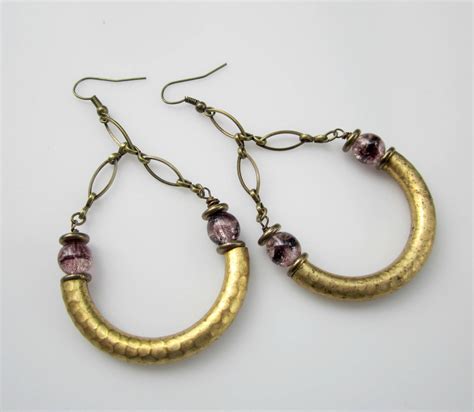 Vintage Hoop Earrings Brass With Deep Crackled Czech Glass And