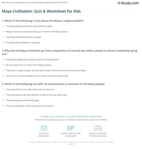 Maya Civilization Quiz And Worksheet For Kids