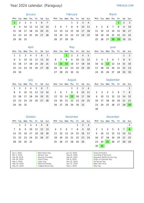 Calendar For 2024 With Holidays In Paraguay Print And Download Calendar