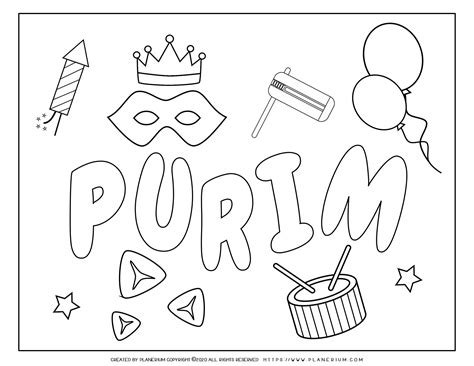 Purim Coloring Page Symbols With Large Title Planerium