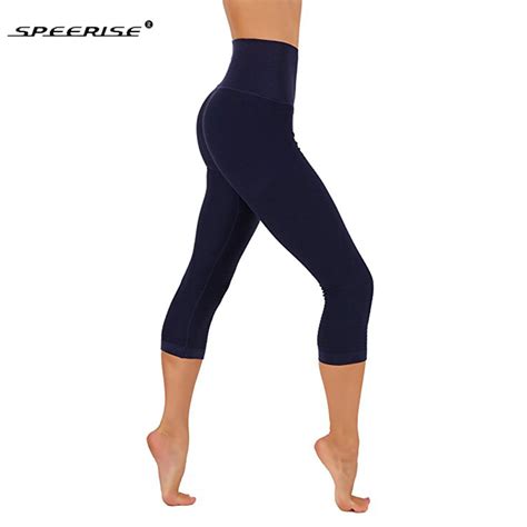 Speerise Womens Mid Calf Length High Waisted Leggings Navy Dance Pants Plus Size Lycra Spandex