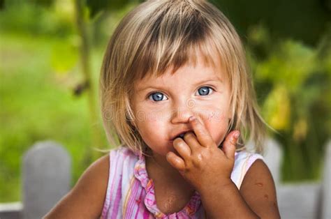 Blonde Litle Girl Eats A Slice Of Watermelon Stock Image Image Of