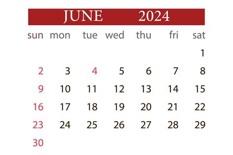 June 2024 Calendar Monthly Planner Start Sunday Template Vector