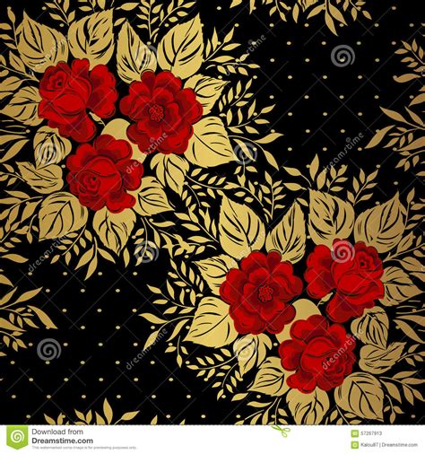 Red Roses On Gold Background Floral Pattern Stock Vector
