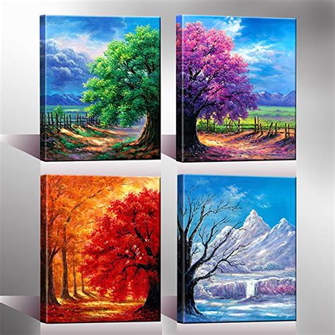 4pcs Canvas Print Paintings Four Seasons Trees Oil Painting Wall
