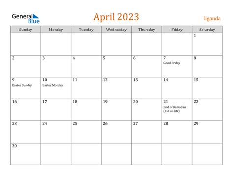 Uganda April 2023 Calendar With Holidays