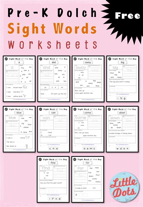 Free Pre K Dolch Sight Words Worksheets Set 1 Little Dots Education