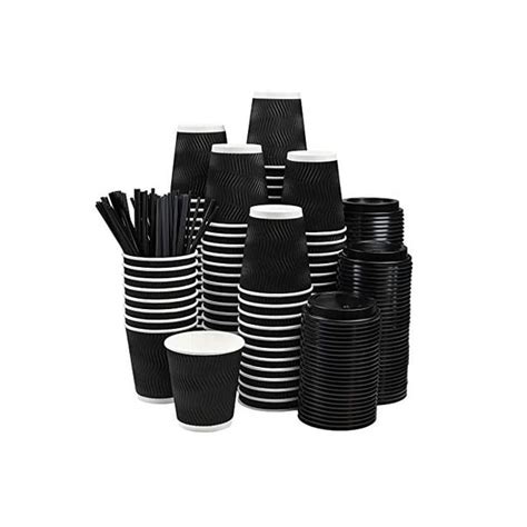 Set Of 100 Black Disposable Paper Cups With Black Lids And Straws 8 Oz