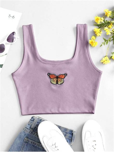 56 Off 2021 Ribbed Cropped Butterfly Embroidered Tank Top In Light
