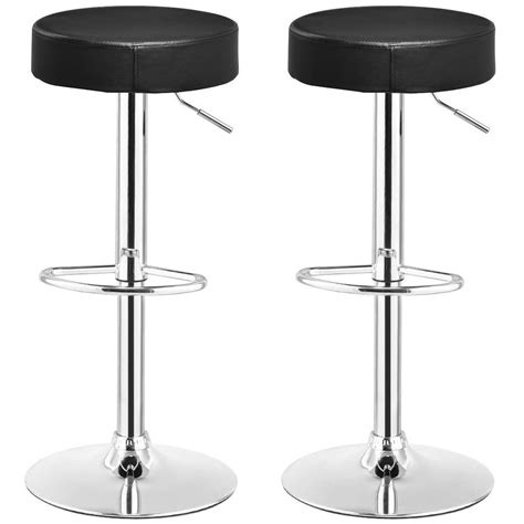 Set Of 2 Black Adjustable Round Faux Leather Swivel Bar Stools A