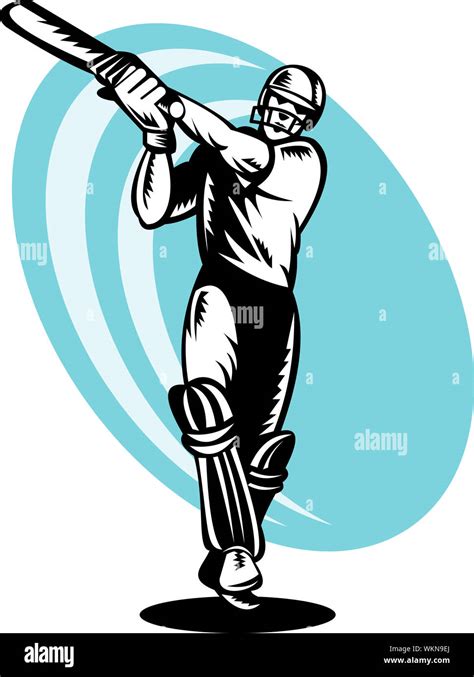 Illustration Of A Cricket Batsman Batting Front View Done In Retor