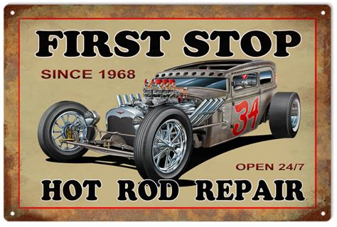 First Stop Hot Rod Car Repair Aluminum Sign Classic Garage Art