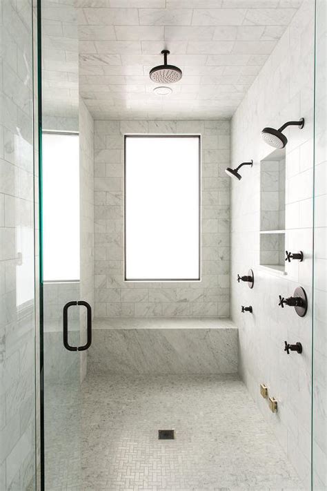 Gray And Gold Shower Design With Carrera Marble Tiles Transitional