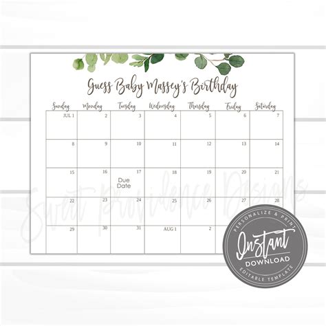 Baby Shower Due Date Calendar Game Printable Greenery Guess Babys
