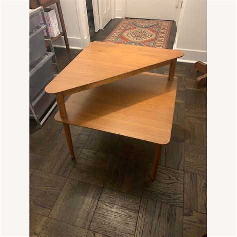 West Elm Mid-Century Stepped Side Table, Walnut - AptDeco Metal frame in a polished rose gold finish.