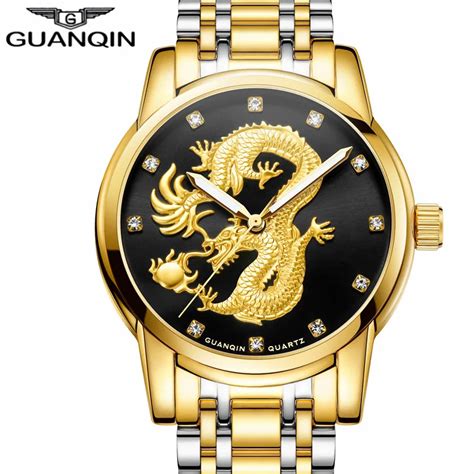Mens Watches Top Brand Guanqin Luxury Gold Dragon Sculpture Quartz