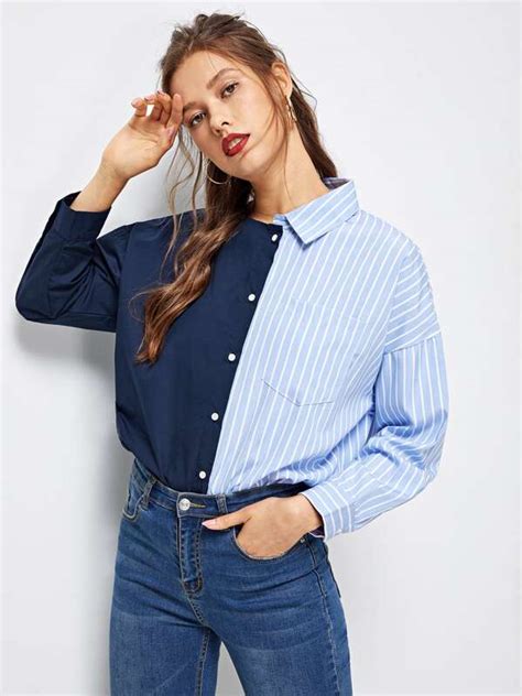 Stripe Spliced Asymmetrical Shirt Shein In