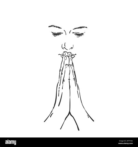 Sketch Of Isolated Face Of Woman Praying With Hands Folded In Worship
