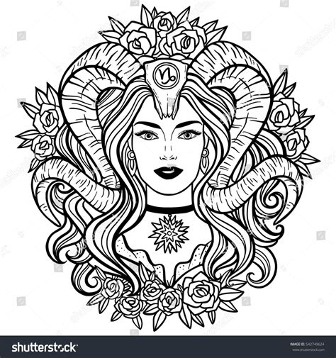 Capricorn Zodiac Hand Drawn Illustration Woman With Horns Beautiful