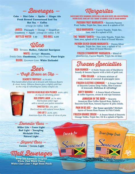 Dine In Menu Seacrets Ocean City Md Waterfront Dining Bar