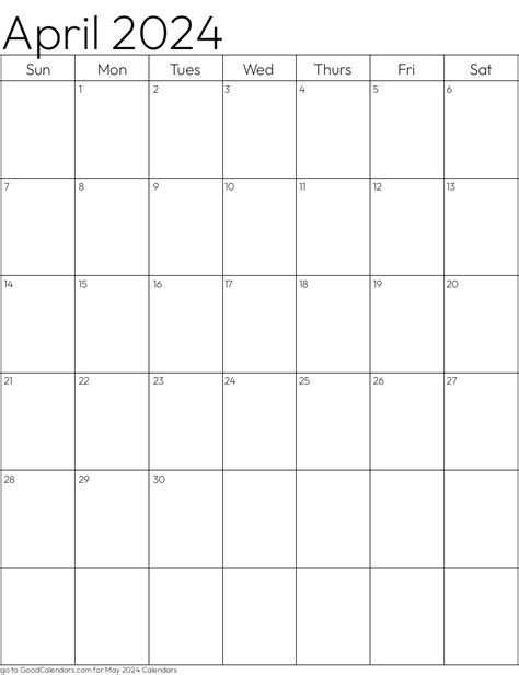 Standard April 2024 Calendar Template In Portrait