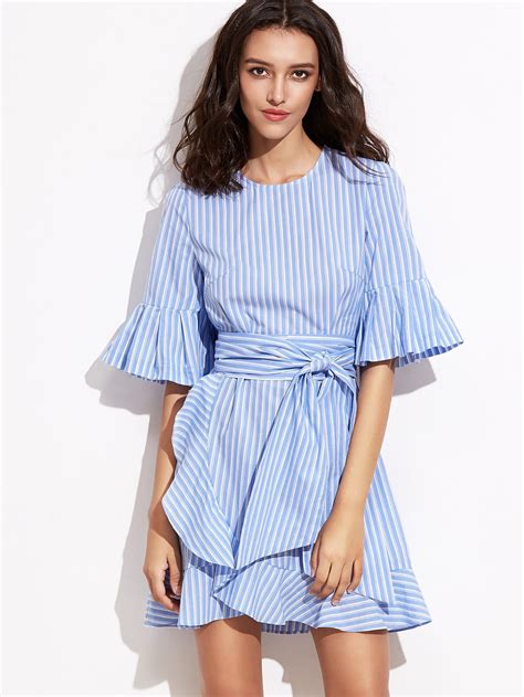 Blue Vertical Striped Belted Ruffle Dress Sheinsheinside