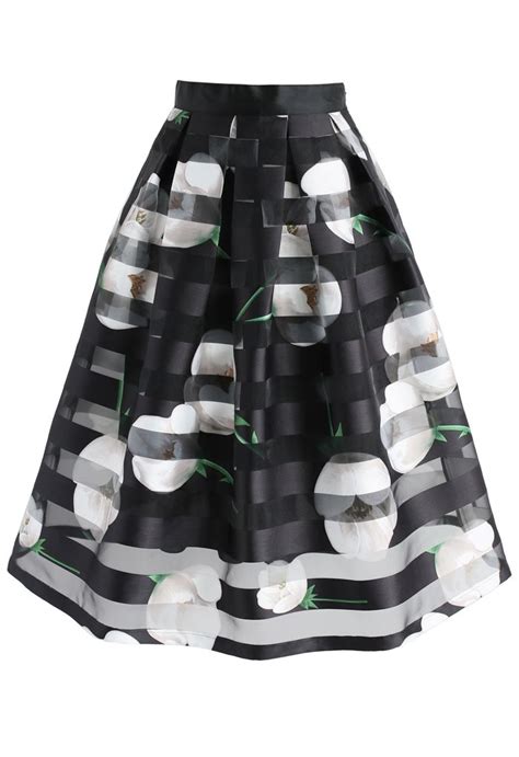 Rapture Stripe And Flower Organza Midi Skirt In Black Retro Indie