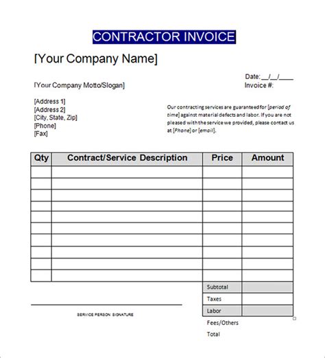 Contractor Invoice Template Excel Invoice Example