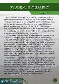 Writing an autobiography essay can be even harder than completing an essay on a general topic. Student Biography Example | Short bio examples, Biography ...