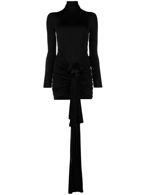 Saint Laurent Embellished Ruched Satin Jersey Mini Dress In Black