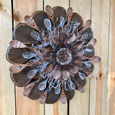 Outdoor Rustic Wall Art Wood And Metal Flower Wall Sculpture Etsy
