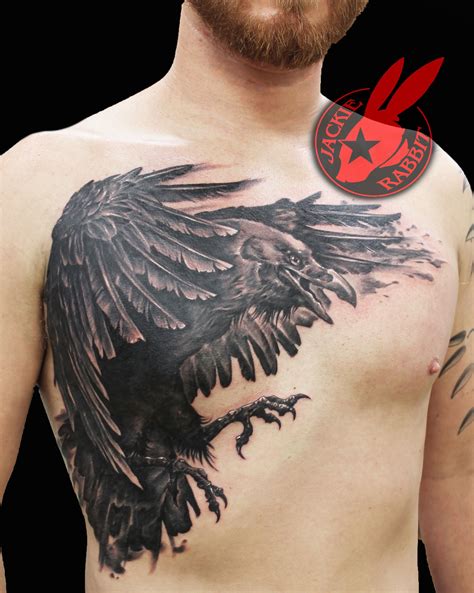 realistic raven crow chest piece 3d wings black and grey tattoo by jackie rabbit custom tattoo