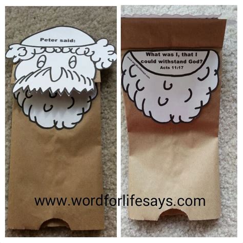 The craft sticks are taped together so that when they are pushed together from the sides they fold up into a compact stack of sticks. Peter paper bag puppet for Acts 11 | Sunday school lessons ...