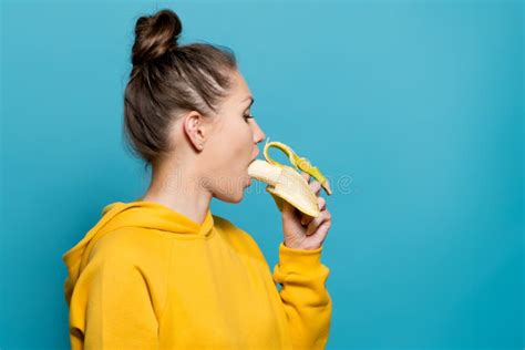 Woman Eating Banana Stock Image Image Of Cheerful Beautiful