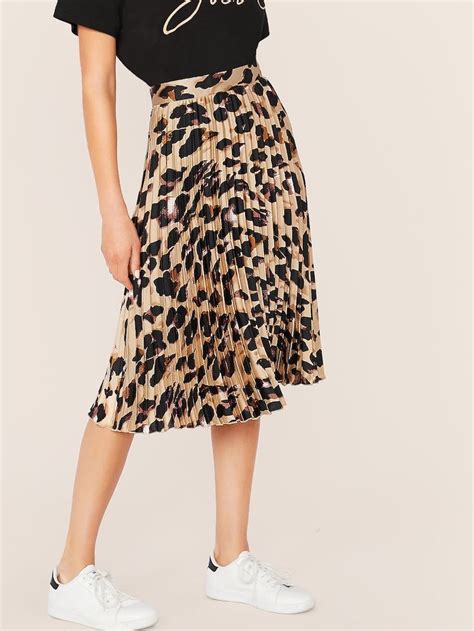 Shein Leopard Pleated Satin Skirt Satin Midi Skirt Printed Pleated