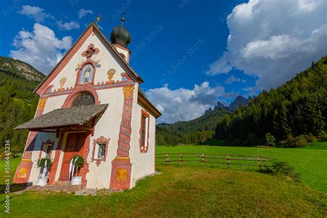Sunny Landscape Of Dolomite Alps St Johann Church With Beautiful