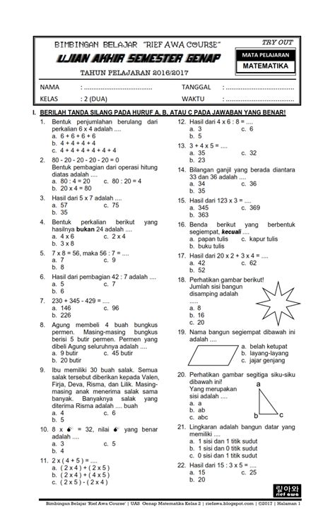 Download Soal Ukk Uas Genap Matematika Kelas 2 Sdmi Semester 2