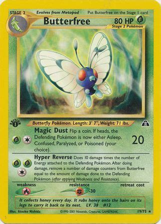 Butterfree has a superior ability to search for delicious honey from flowers. Butterfree - 19/75 - Rare 1st Edition - Neo Discovery 1st Edition Singles - Pokemon