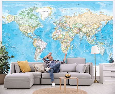 Giant World Map Wall Mural Standard Blue Ocean Wall Sized Self