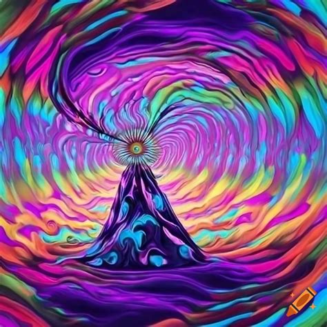 Psychedelic Art Of Swirling Mountains And Windmills